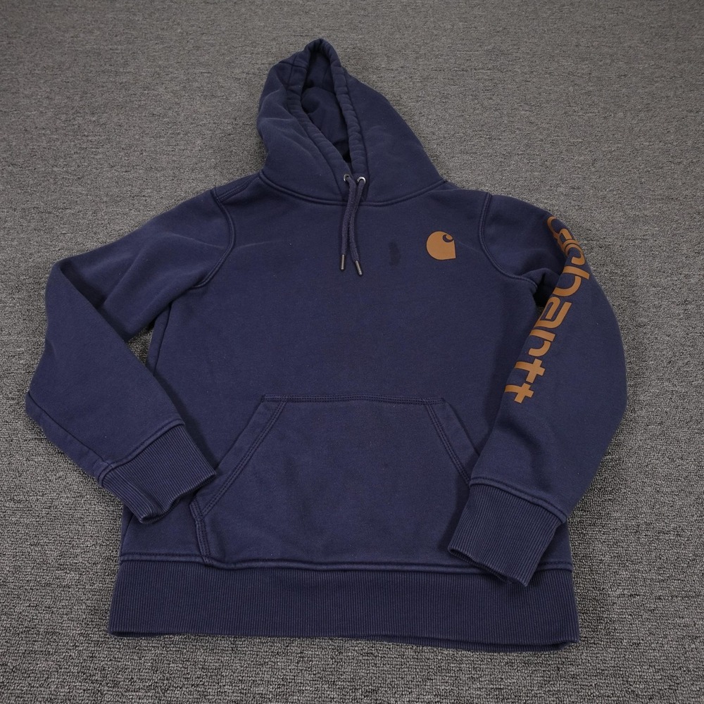 Carhartt Hoodie Womens XS Blue Pullover Fleece Logo Sleeve Graphic Relaxed Fit